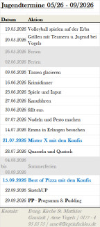 Jugendgruppentermine Mai bis September 2026